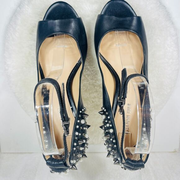 Gianni Bini Heels Women 8.5 Black Leather Peep Toe Studded Spiked Stiletto Pumps - Picture 7 of 9